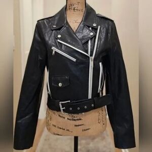 Michael Kors Black Crop Faux Leather Biker Jacket Size Small
